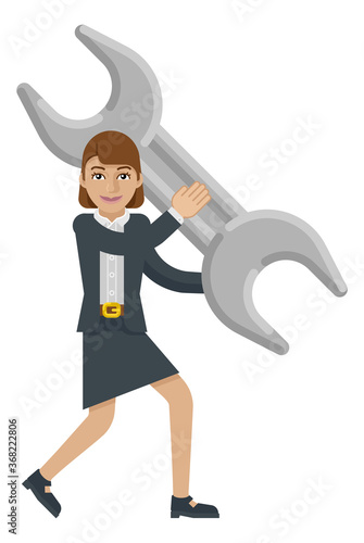 A businesswoman cartoon character mascot woman holding a big spanner wrench business concept