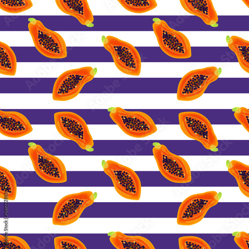Tropical seamless pattern with stripes and halved papaya friut. Vector design.