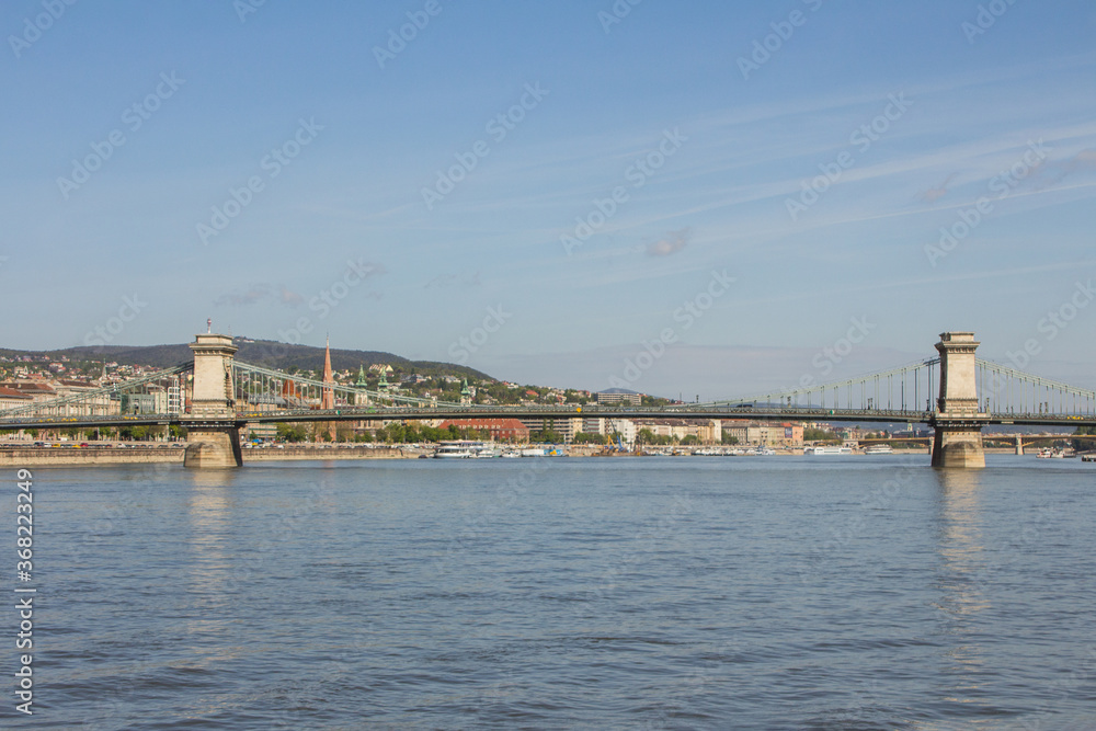 View of the Szechenyi Chain Bridge in Budapest. Hungary