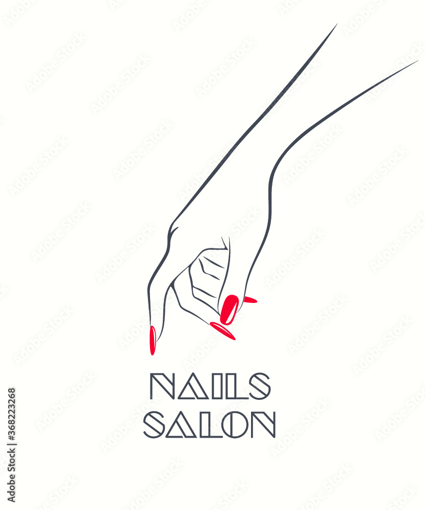 Woman hand with beautiful red nail polish manicure.Nail salon illustration.Nails art icon isolated on white background.Cosmetics and beauty logo.Bright color beauty product. Woman hand with beautiful red nail polish manicure.Nail salon illustration.Nails art icon isolated on white background.Cosmetics and beauty logo.Bright color beauty product.