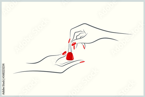 Woman hands with beautiful red nail polish bottle and elegant manicure.Nail salon illustration.Nails art icon isolated on light background.Cosmetics and beauty logo.Bright color beauty product.