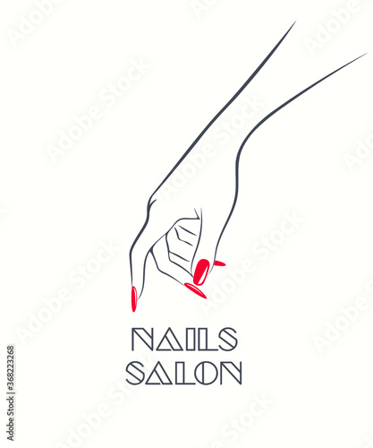 Woman hand with beautiful red nail polish manicure.Nail salon illustration.Nails art icon isolated on white background.Cosmetics and beauty logo.Bright color beauty product.