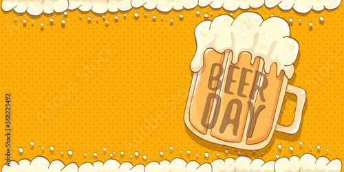 international beer day horizontal banner or poster with beer glass isolated on abstract orange beer background with foam frame. Happy beer day vintage hand drawn greeting card or flyer