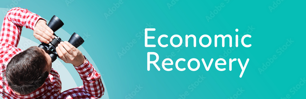 Naklejka premium Economic Recovery. Businessman (man) looks through binoculars. Birds eye view. Focus on text. Blue Background. Business, Finance, Statistics, Analysis, Economy