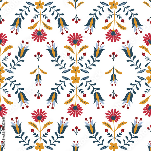 Vector seamless pattern of Folk art floral in Scandinavian and Nordic style on white background. Blue and red flower print.
