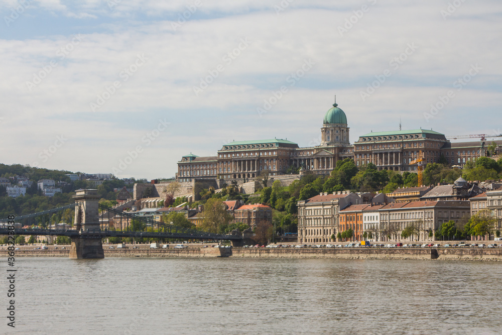 View of the Szechenyi Chain Bridge and Buda Castle in Budapest. Hungary