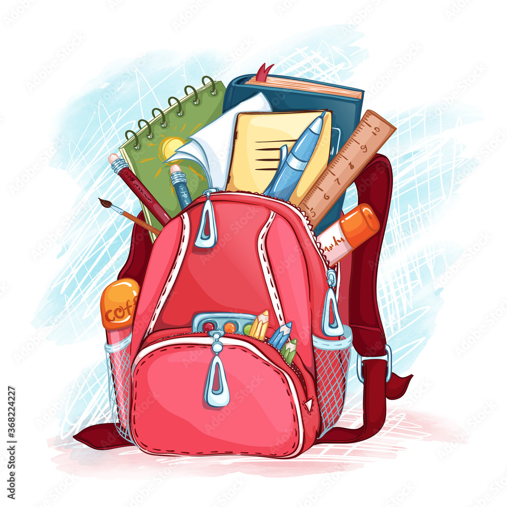 Vecteur Stock Open pink school bag with school supplies. Pencils, pen,  paints, notebook and book. Back to school. Objects for study of the  student. | Adobe Stock