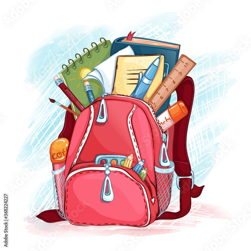 Open pink school bag with school supplies. Pencils, pen, paints, notebook and book. Back to school. Objects for study of the student.