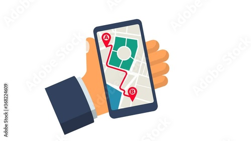 Map on smartphone footage motion. Route from point A to point B video animation. Taxi call template. Vector illustration flat design. Isolated on white background. Phone hold in hand. 