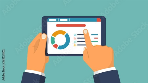 Businessman reading business news. Tablet in hand. Flash animation caroon design.