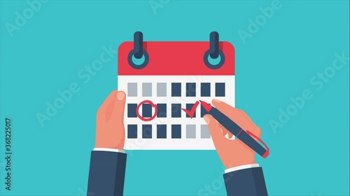 Businessman is planning events on calendar, footage motion. Video animation vector illustration flat design. Mark calendar and red pen in hand 4k video. Date circled. Week day month. Mockup of page.