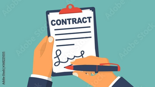 Signature contract. Businessman holding clipboard in hands. Legal paper. Video animation footage. Vector illustration flat design. Signing business document, autograph. Pen in hand.