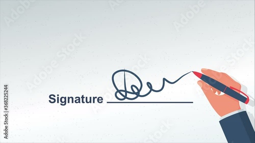 Signature on document video animation. handwritting autograph. Footage human signs a document. Vector illustration 4k design. Template for agreement. Legal confirmation. Isolated on white background.
