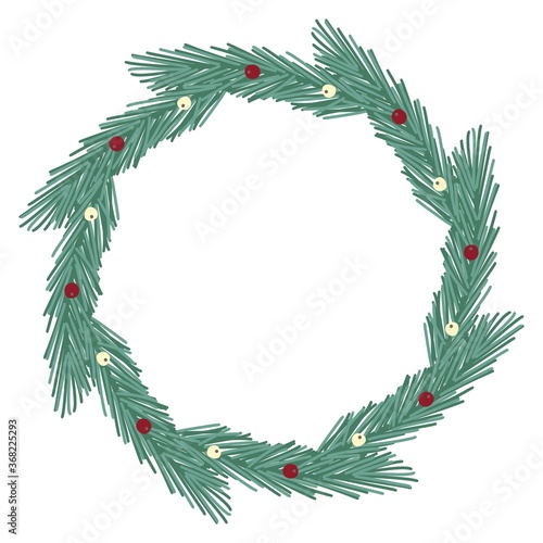 A beautiful wreath of small fir branches with red and white berries on a white background. Illustration of a festive spruce wreath with place for text. Isolated object for printing, cards, invitations