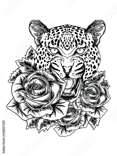 tattoo and t-shirt design black and white hand drawn leopard tiger and rose premium vector