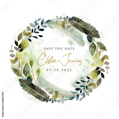 green leaves and feather with brush stroke watercolor wreath
