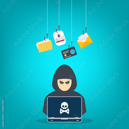 Hacker with laptop computer stealing confidential data, personal information and credit card detail. Hacking concept.