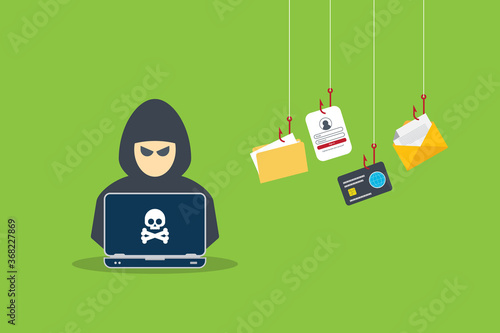 Hacker with laptop computer stealing confidential data, personal information and credit card detail. Hacking concept.