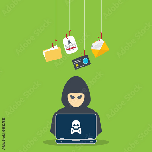 Hacker with laptop computer stealing confidential data, personal information and credit card detail. Hacking concept.