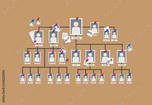 Detective Board with pins and evidence, crime investigation