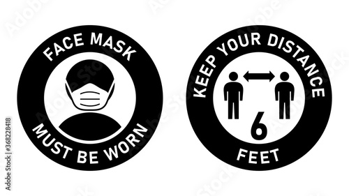 Set of Circular Measure Warning Signs against the Spread of Coronavirus including Face Mask Must Be Worn and Keep Your Distance 6 Feet. Vector Image.
