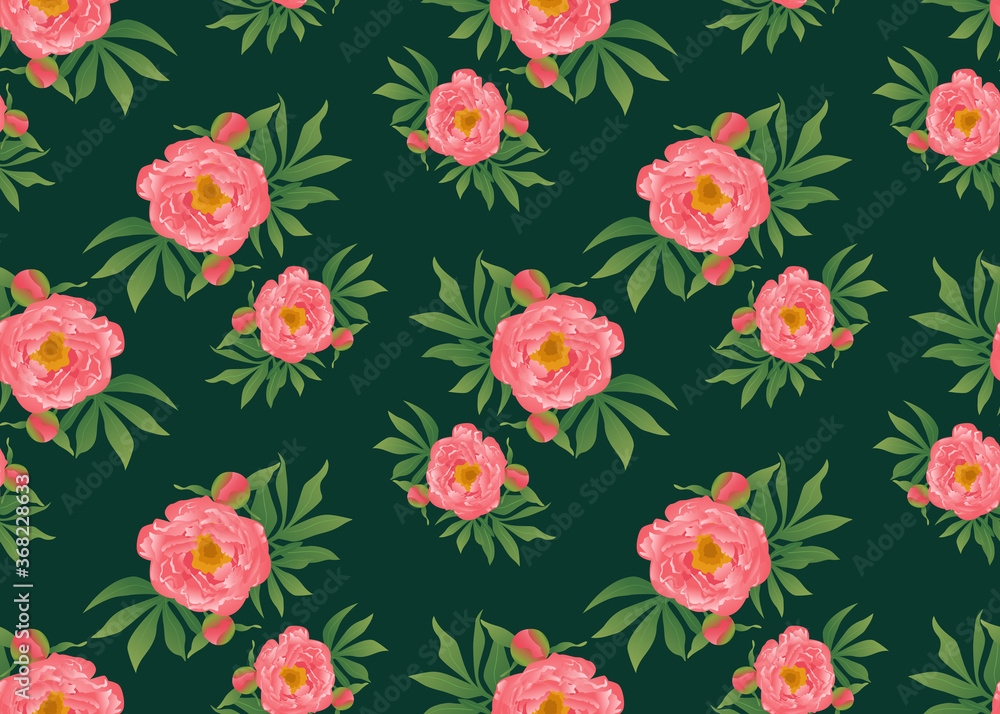 Vector illustration of pink peony flowers and green leaves seamless pattern. Floral background, backdrop element for fabric, textile design.