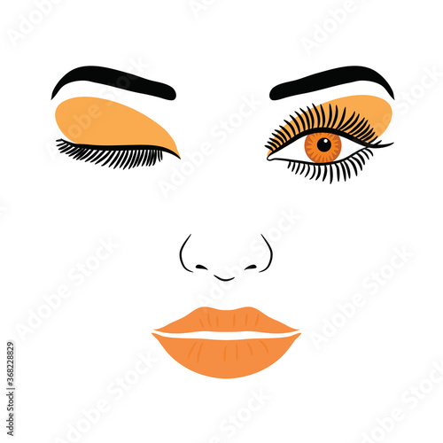 Female Face With Make-up Eyelashes, Eyes And Lips On A White Background. Vector Illustration