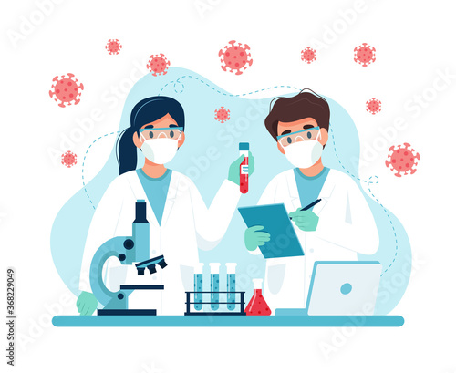 Vaccine research, scientists conducting experiments in lab. Vector illustration in flat style