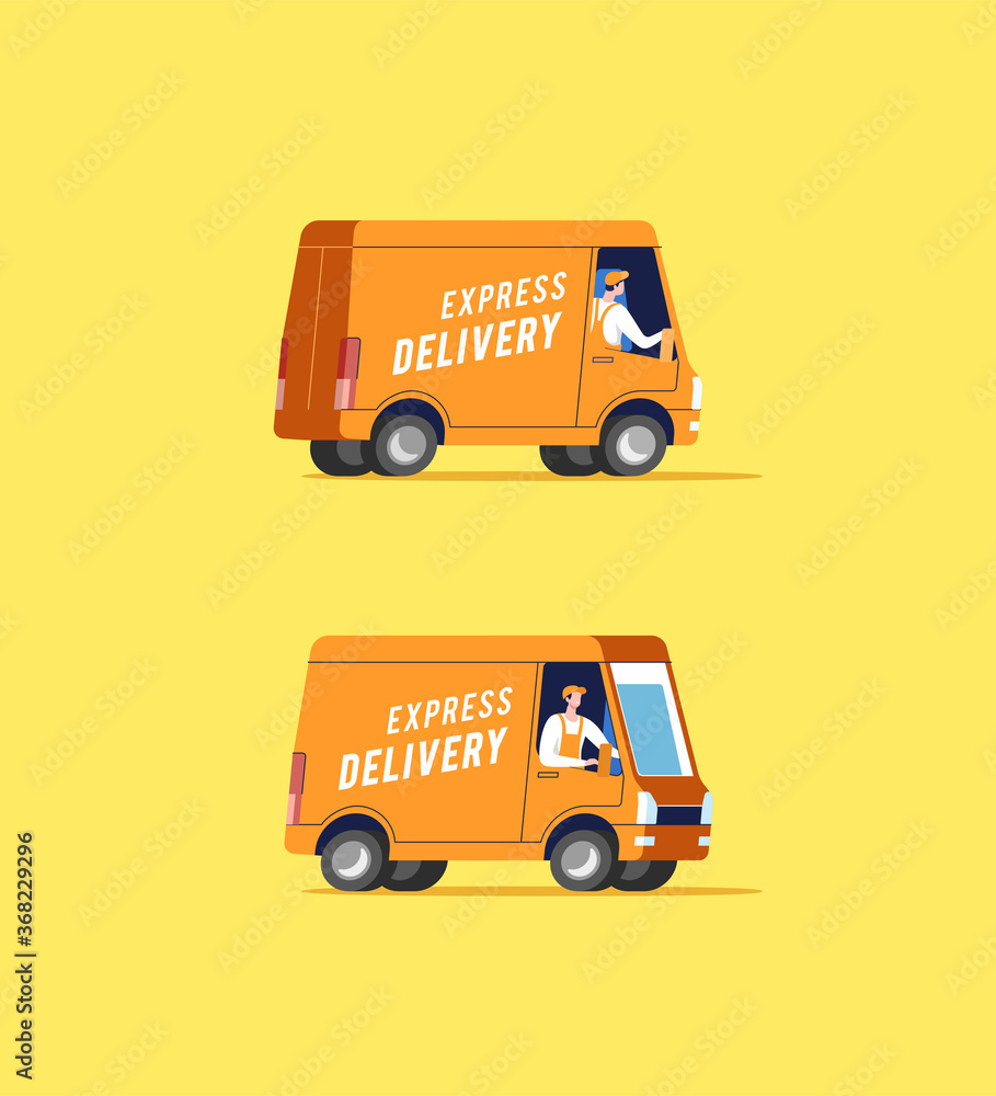Delivery trucks with men carrying parcels. Vector illustration. Delivery trucks with men carrying parcels. Vector illustration.