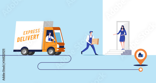 Delivery service. Woman receiving parcel from courier on doorstep. Vector illustration.