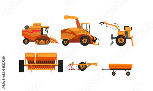 Agricultural Machinery Set, Farm Vehicles for Land Agricultural Processing Flat Style Vector Illustration