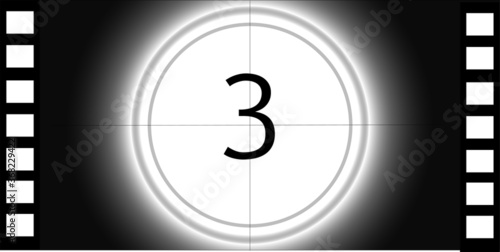 Number 3 cinema movie countdown introduction screen in black and white. Panorama banner for business movie concepts.	
