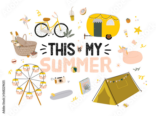 Outdoor leisure activity set. Backpacking and trekking holiday on nature. Summer camping, summer picnic, summer relax. Vector flat icons isolated concept with inspirational typography quote.
