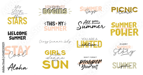 Outdoor leisure activity quotes. Trendy Summer Typographic Lettering. Summer girl. Welcome summer. Vector.  