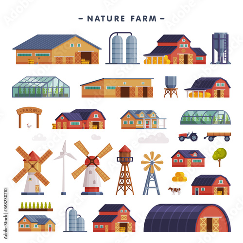 Rural Buildings Set, Barn, Country House, Windmill, Greenhouse, Wind Turbine, Agriculture and Farming Concept Cartoon Vector Illustration