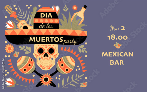 Dia de los muertos party. Day of the Dead invitation banner with decorated skull, hat and musical instruments on a background of flowers and leaves