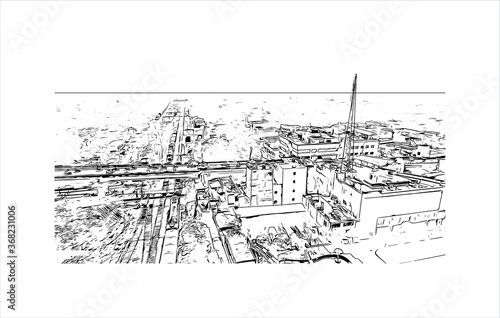 Building view with landmark of Akbarpur is a city and a municipal board in, and the administrative headquarters of, Ambedkar Nagar. Hand drawn sketch illustration in vector. photo