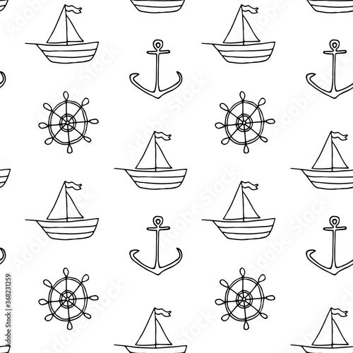 Seamless vector nautical pattern with ship and rudder. Linear illustration in doodle style. Packaging, paper, fabric design. EPS10