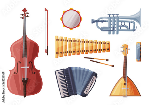 Musical Instruments Set, Cello, Tambourine, Tuba, Accordion, Violin, Balalaika, Xylophone Flat Style Vector Illustration