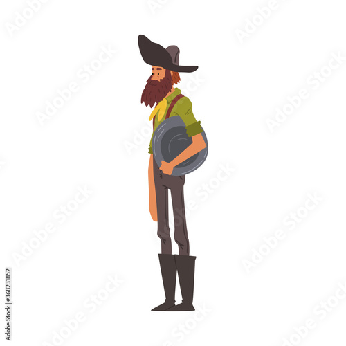 Male Prospector with Pan, Mature Bearded Gold Miner Character Wearing Vintage Clothes Cartoon Style Vector Illustration