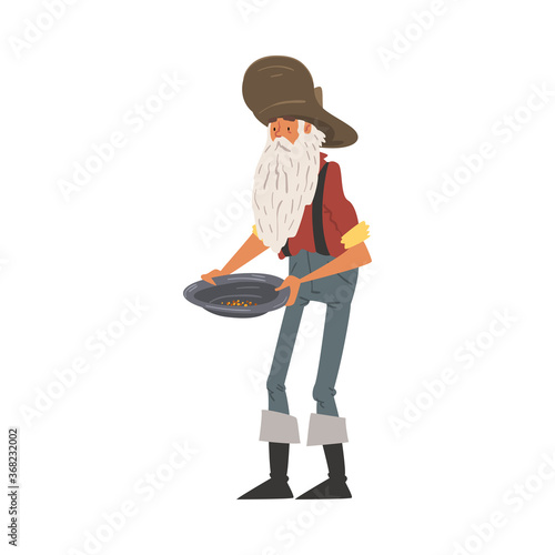 Male Prospector Holding Pan with Golden Sand and Pills, Mature Bearded Gold Miner Wild West Character Wearing Vintage Clothes Cartoon Style Vector Illustration