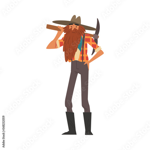 Male Prospector Standing with Pickaxe, Bearded Gold Miner Character Wearing Vintage Clothes Cartoon Style Vector Illustration