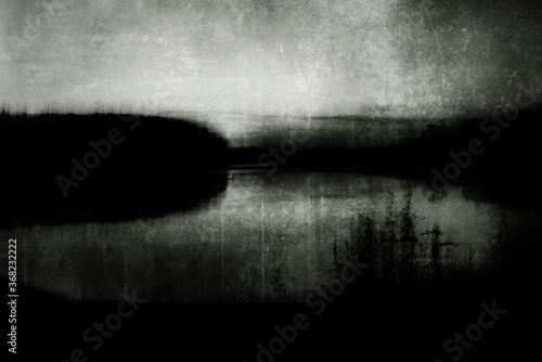 Gloomy landscape, mysterious grunge wallpaper, old photo effect, scary background