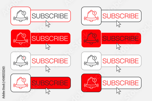 Subscribe button for video service. Subscription icon with bells.