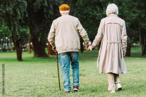 Back view of elderly couple walking on grassy meadow in park