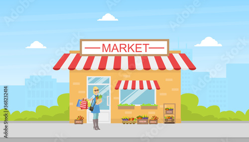 Fototapeta Naklejka Na Ścianę i Meble -  Young Woman Standing in Front of Store Building, Girl Carrying Shopping Bags with Purchases Vector Illustration