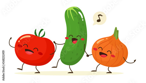 Cheerful tomato, cucumber and onion go together holding hands. Friends forever. Vector illustration in flat cartoon style.