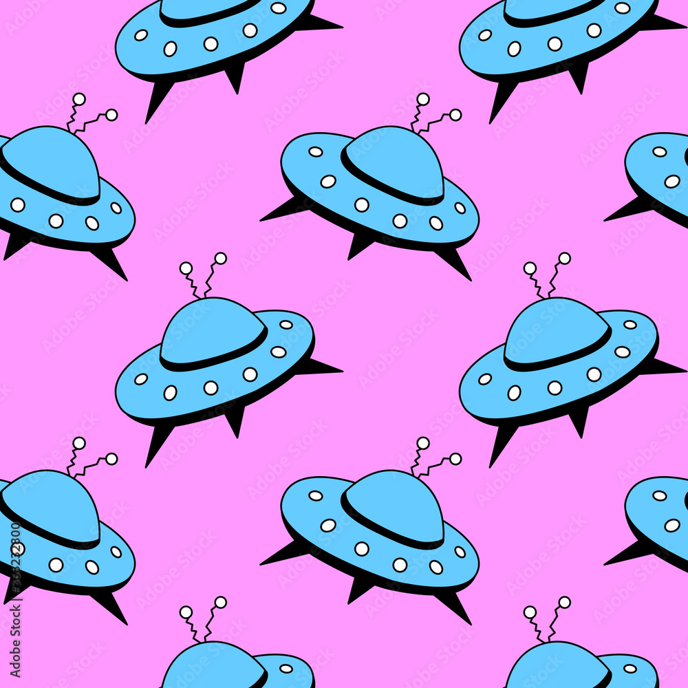 Seamless pattern with Flying Saucers, UFO. Vector background and texture for fabric, wrapping, wallpaper, textile, apparel, cover Seamless pattern with Flying Saucers, UFO. Vector background and texture for fabric, wrapping, wallpaper, textile, apparel, cover