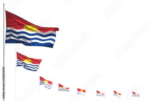 pretty Kiribati isolated flags placed diagonal, photo with bokeh and place for content - any celebration flag 3d illustration..
