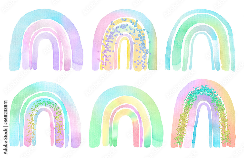 Watercolor set of hand painted rainbows with gold glitter confetti in unicorn colors. Holographic illustration isolated on white background. Design for logo, baby print, nursery decor or kids room. Watercolor set of hand painted rainbows with gold glitter confetti in unicorn colors. Holographic illustration isolated on white background. Design for logo, baby print, nursery decor or kids room.